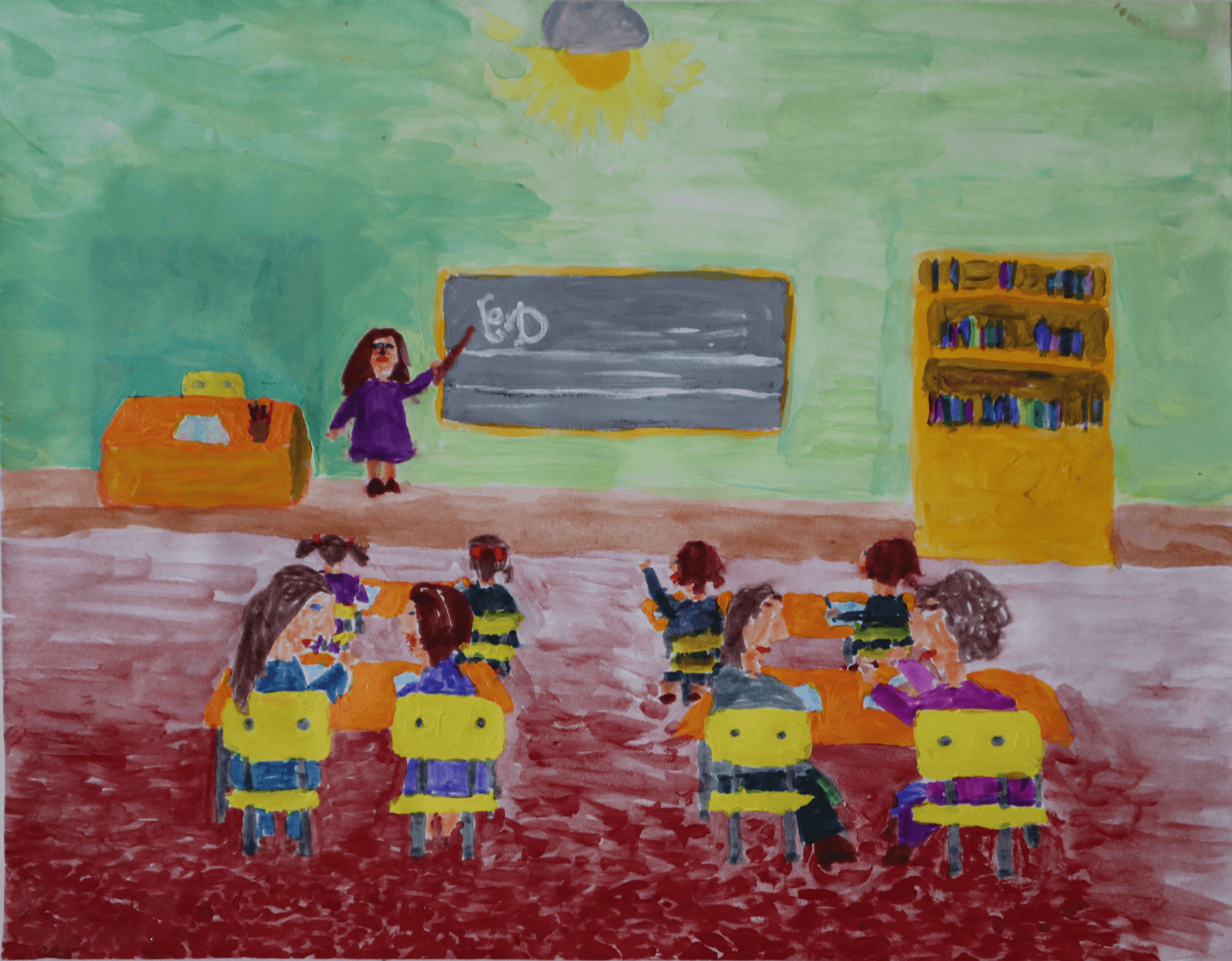 A painting of a classroom with a teacher and students